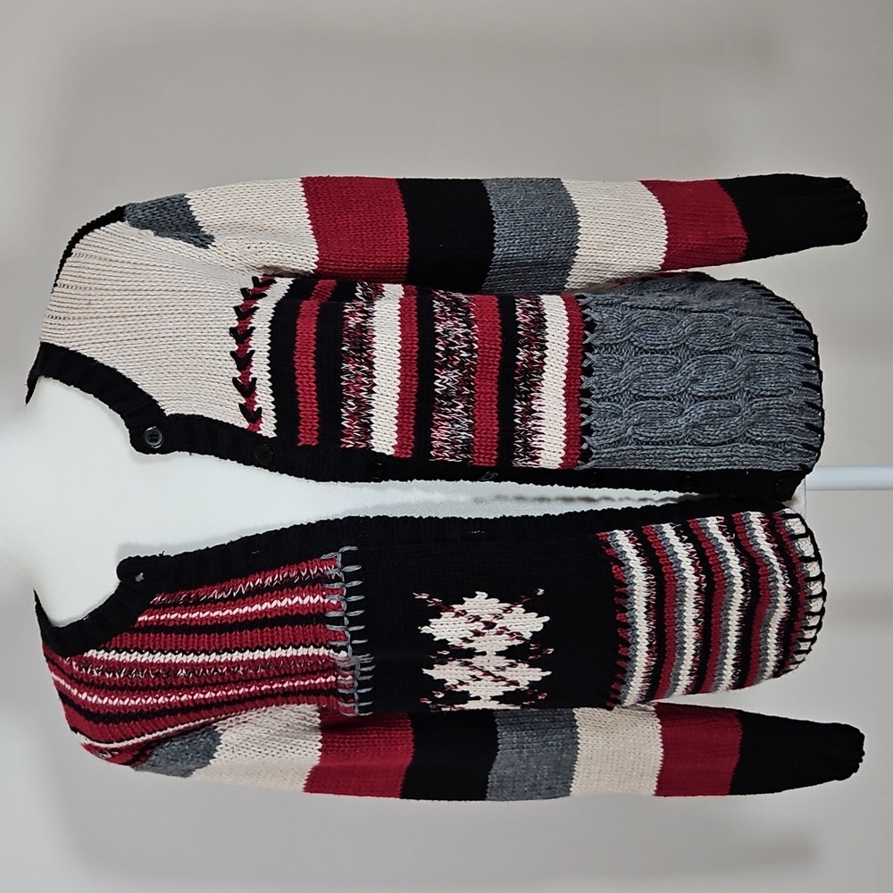 Cabin Creek Patchwork Cardigan Cable Knit Red Black Striped Ramie Cotton SZ LP